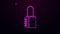 Glowing neon line Safe combination lock icon isolated on purple background. Combination padlock. Security, safety