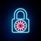 Glowing neon line Safe combination lock wheel icon isolated on brick wall background. Combination padlock. Security