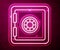 Glowing neon line Safe icon isolated on red background. The door safe a bank vault with a combination lock. Reliable