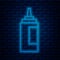 Glowing neon line Sauce bottle icon isolated on brick wall background. Ketchup, mustard and mayonnaise bottles with
