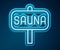 Glowing neon line Sauna icon isolated on blue background. Vector