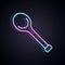 Glowing neon line Sauna ladle icon isolated on black background. Vector