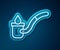 Glowing neon line Sauna ladle icon isolated on blue background. Vector