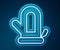 Glowing neon line Sauna mitten icon isolated on blue background. Mitten for spa. Vector