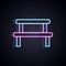 Glowing neon line Sauna wood bench icon isolated on black background. Vector