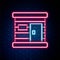 Glowing neon line Sauna wooden bathhouse icon isolated on brick wall background. Heat spa relaxation therapy bath and