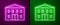 Glowing neon line School building icon isolated on purple and green background. Vector Illustration.