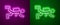 Glowing neon line Scuba diver icon isolated on purple and green background. Vector