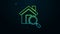 Glowing neon line Search house icon isolated on black background. Real estate symbol of a house under magnifying glass