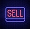 Glowing neon line Sell button icon isolated on brick wall background. Financial and stock investment market concept