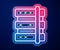 Glowing neon line Server, Data, Web Hosting icon isolated on blue background. Vector