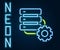Glowing neon line Server and gear icon isolated on black background. Adjusting app, service concept, setting options