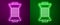 Glowing neon line Sewing thread on spool icon isolated on purple and green background. Yarn spool. Thread bobbin. Vector
