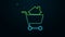 Glowing neon line Shopping cart with house icon isolated on black background. Buy house concept. Home loan concept, rent