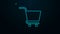 Glowing neon line Shopping cart icon isolated on black background. Online buying concept. Delivery service sign