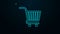 Glowing neon line Shopping cart icon isolated on black background. Online buying concept. Delivery service sign