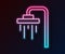 Glowing neon line Shower head with water drops flowing icon isolated on black background. Vector