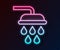 Glowing neon line Shower head with water drops flowing icon isolated on black background. Vector