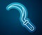 Glowing neon line Sickle icon isolated on blue background. Reaping hook sign. Vector