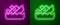 Glowing neon line Sinking cruise ship icon isolated on purple and green background. Travel tourism nautical transport