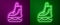 Glowing neon line Skates icon isolated on purple and green background. Ice skate shoes icon. Sport boots with blades