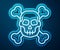 Glowing neon line Skull on crossbones icon isolated on blue background. Happy Halloween party. Vector