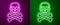 Glowing neon line Skull on crossbones icon isolated on purple and green background. Happy Halloween party. Vector