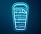 Glowing neon line Sleeping bag icon isolated on blue background. Vector