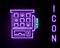 Glowing neon line Slot machine icon isolated on black background. Colorful outline concept. Vector