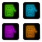 Glowing neon line Slot machine icon isolated on white background. Black square button. Vector