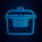 Glowing neon line Slow cooker icon isolated on brick wall background. Electric pan. Vector