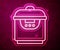 Glowing neon line Slow cooker icon isolated on red background. Electric pan. Vector