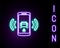 Glowing neon line Smart car alarm system icon isolated on black background. The smartphone controls the car security on