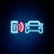 Glowing neon line Smart car alarm system icon isolated on brick wall background. The smartphone controls the car