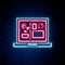 Glowing neon line Smart farming technology - farm automation system icon isolated on brick wall background. Colorful