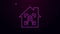 Glowing neon line Smart home with face recognition icon isolated on purple background. Face identification scanner icon