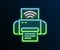 Glowing neon line Smart printer system icon isolated on black background. Internet of things concept with wireless