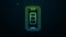 Glowing neon line Smartphone battery charge icon isolated on black background. Phone with a low battery charge. 4K Video
