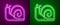 Glowing neon line Snail icon isolated on purple and green background. Vector