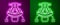 Glowing neon line Snowmobile icon isolated on purple and green background. Snowmobiling sign. Extreme sport. Vector