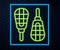 Glowing neon line Snowshoes icon isolated on brick wall background. Winter sports and outdoor activities equipment