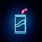 Glowing neon line Soda can with drinking straw icon isolated on brick wall background. Colorful outline concept. Vector