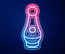 Glowing neon line Soju bottle icon isolated on blue background. Korean rice vodka. Vector