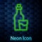 Glowing neon line Soju bottle icon isolated on brick wall background. Korean rice vodka. Vector