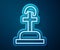 Glowing neon line Soldier grave icon isolated on blue background. Tomb of the unknown soldier. Vector