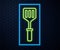 Glowing neon line Spatula icon isolated on brick wall background. Kitchen spatula icon. BBQ spatula sign. Barbecue and