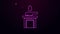 Glowing neon line Speaker icon isolated on purple background. Orator speaking from tribune. Public speech. Person on