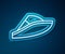 Glowing neon line Speedboat icon isolated on blue background. Vector