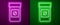 Glowing neon line Sports doping, anabolic drugs icon isolated on purple and green background. Anabolic steroids tablet