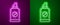 Glowing neon line Spray against insects icon isolated on purple and green background. Vector